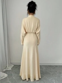 Chiquease V-Neck Pleated Ruffle Hem Solid Color Long Dress, For Women, Winter Maxi Women Outfit - Apricot - View 2