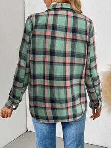 EMERY ROSE 女士休闲格子法兰绒口袋衬衫，长袖，秋冬季，长袖上衣