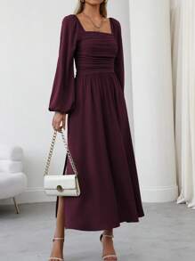 SHEIN Clasi Đầm Maxi Nữ Tay Dài Cổ Vuông Xếp Ly Xẻ Cao, Màu Trơn, Trang Phục Nữ - Màu Tím - Xem 4