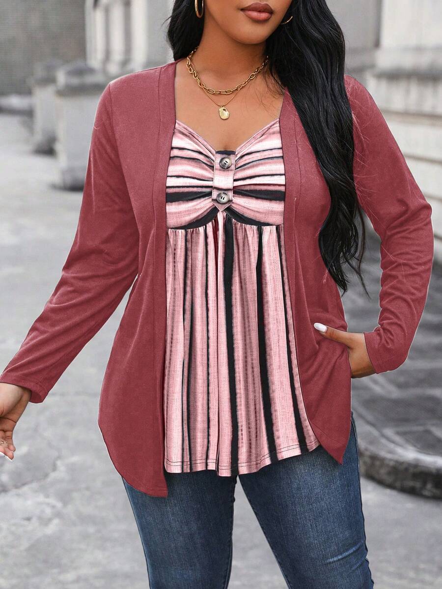 EMERY ROSE 大码纯色鸡心领拼接长袖前扣休闲 T 恤图案 T 恤女式上衣适合春季服装 - 彩色 - 查看 1