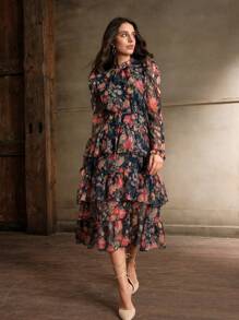 Anewsta 夏季花卉印花优雅中长款女士连衣裙 - 藍色 - 查看 4