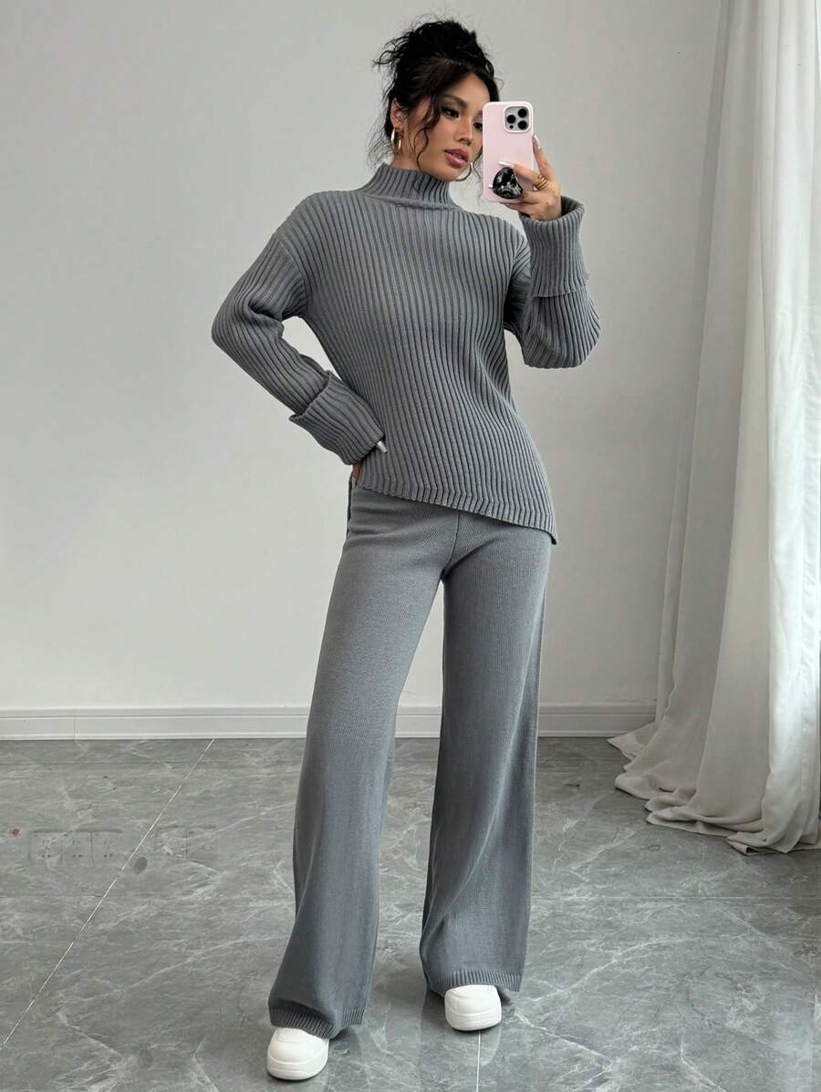 Chiquease 2 件套女士休闲纯色高领落肩宽松不对称下摆毛衣和直筒阔腿针织裤套装 - 灰色 - 查看 1
