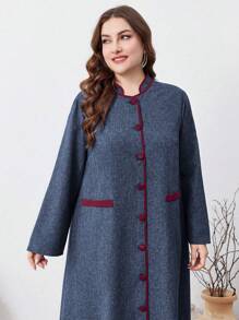 Al Najma 加大码拼色前扣长袖简约长袍，端庄优雅的阿拉伯长裙，适合旅行/休闲/居家/度假，长袍长袍 - 藏蓝色 - 查看 3