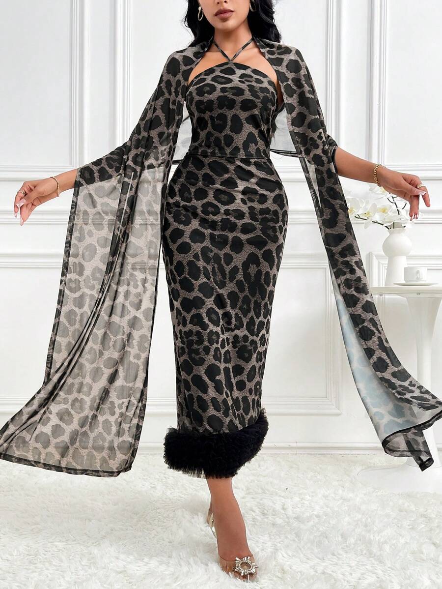 Modelyn 2pcs Women Leopard Print Sleeveless Halter Dress And Shawl Jacket Set, Elegant 2 Pieces Set - Black and White - View 1