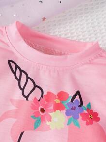 SHEIN Playful Pals 2pcs/Set Baby Girl Toddler Casual Everyday Soft Comfortable Round Neck Pullover Sweatshirt And Leggings Outfit, Unicorn Print T-Shirt & Pants Set, Autumn/Winter