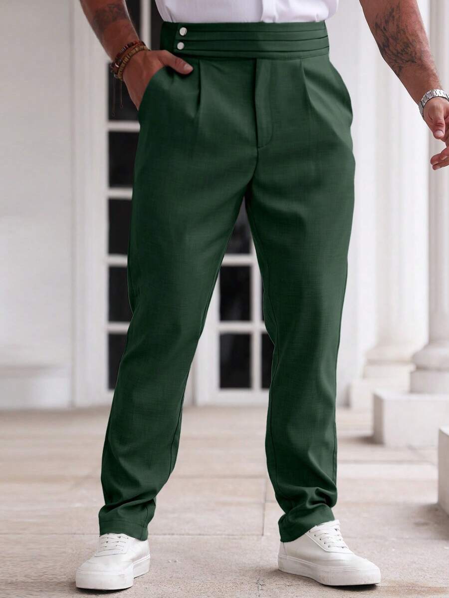 Manfinity Homme 男士纯色纽扣装饰口袋休闲裤，适合日常穿着 - 綠色 - 查看 1