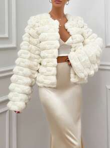 SHEIN Cottnline Texture Rabbit Faux Fur Mini Jacket - White - View 5