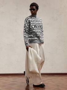 AKNOTIC Party 1pc Men's Winter Loose Knitted Crew Neck Dropped Shoulder Christmas Sweater - Grey - View 2