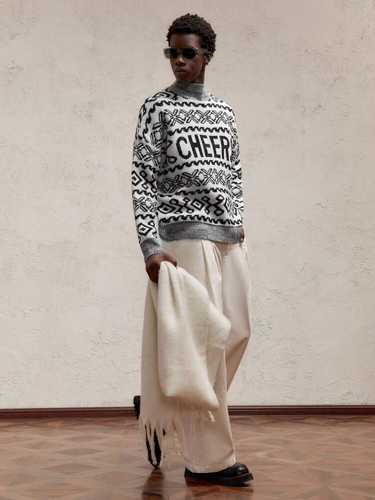 1個 メンズ ゆったりニットクルーネック ドロップショルダー クリスマスセーター