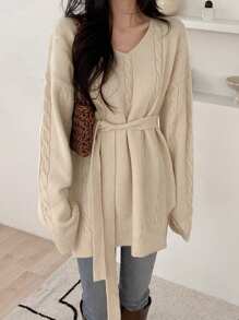 DAZY 女式 V 领宽松麻花针织收腰套头衫，秋季女装