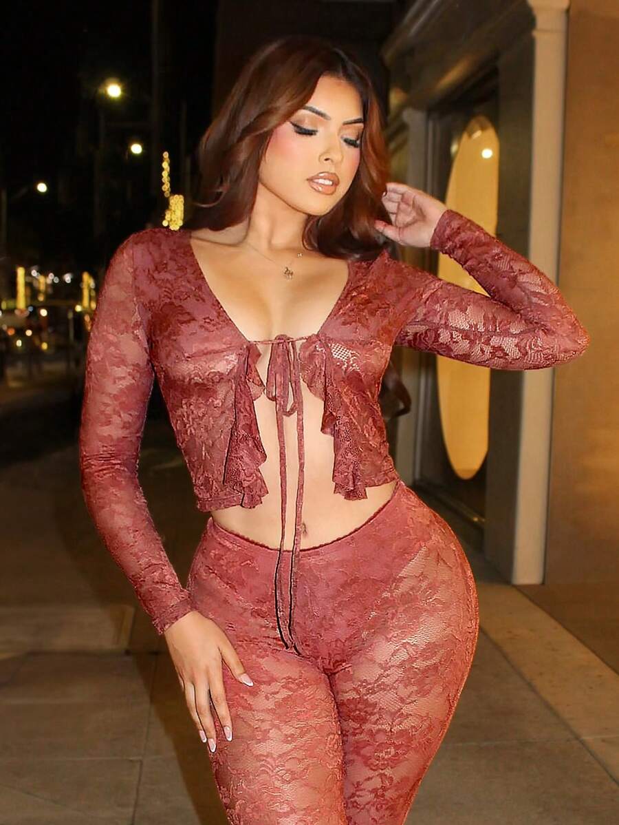 Hauture Lace Sheer Set With Bustier And Mini Skirt - Brown - View 1
