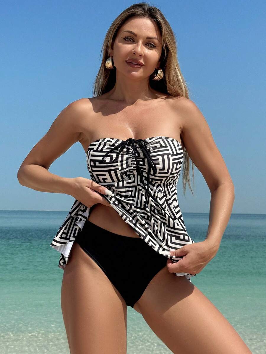 2pcs Women Geometric Print Ruffled Hem Bandeau Tankini Set For Beach Summer - Multicolor - View 1