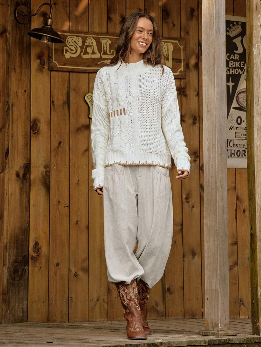 LanaWest LanaWest Damen Einfarbige Hose mit Pattentaschen, weite Passform mit Taper-Bein