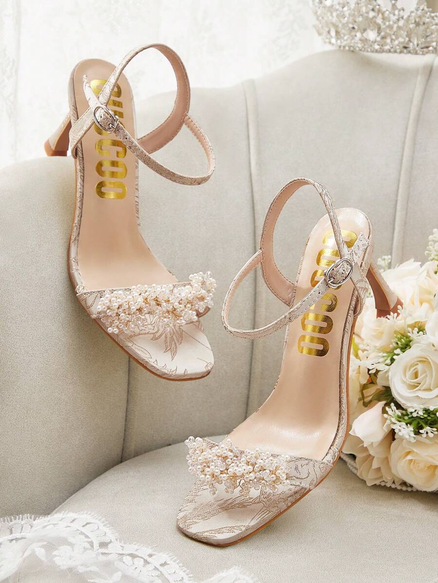 CUCCOO HITCHD Square Toe Pearl Embellished High Heel Sandals, Beige, For Wedding Party Events - Beige - View 1