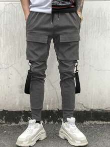 Manfinity LEGND Men Flap Pocket Buckle Detail Drawstring Waist Cargo Pants - Dark Grey - View 3