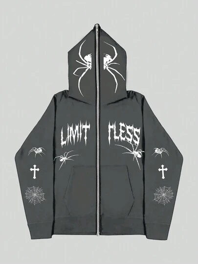 SHEIN Chaqueta con capucha con cremallera y estampado de araña de color oscuro, estilo callejero para niños preadolescentes, otoño/invierno