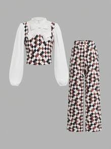 Bộ 2 món/Bộ áo sơ mi kẻ caro cổ điển 2 trong 1 và quần dài cho bé gái tuổi teen - Nhiều màu - Xem 1