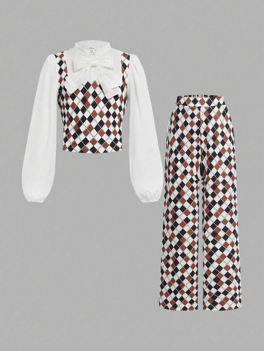 Bộ 2 món/Bộ áo sơ mi kẻ caro cổ điển 2 trong 1 và quần dài cho bé gái tuổi teen - Nhiều màu - Xem 1