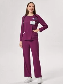 TaskEZ 2 件套女式纯色圆领长袖口袋上衣和裤子护士服套装