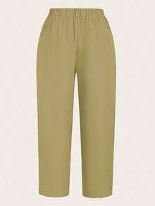 Calvaya Quần dài công sở dáng suông xếp ly màu trơn cỡ lớn cho nữ - Màu Khaki - Xem 2