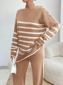 EURMUSE Women Stripe Pattern Button Detailed Round Neck Drop Shoulder Pullover & Sweater Pants Set - Camel - View 4