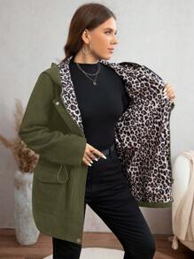 SHEIN LUNE 大码女式抽绳腰休闲豹纹拼布夹克，秋季