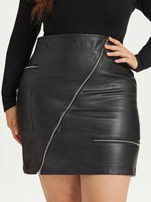 Váy da PU giả khóa kéo cỡ lớn cho nữ, ngắn, cạp cao, ôm sát cơ thể - màu đen - Xem 4