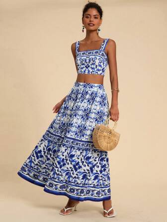 Travachic 度假编织印花短款上衣和长款女式裙子，秋装，两件套秋装，女士两件套，女士裙子套装，女士套装