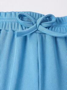 SHEIN Tween 女童纯色圆领长袖连体裤和系腰阔腿裤休闲套装，秋季 - 藍色 - 查看 3