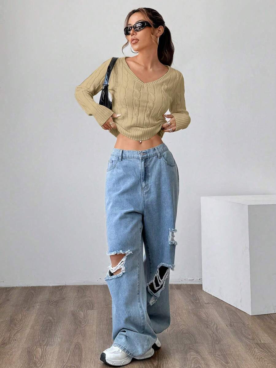 Flirla بلوزة نسائية ذات رقبة على شكل V من محبوك كبليه، بطراز كاجوال مناسبة للخريف/الشتاء