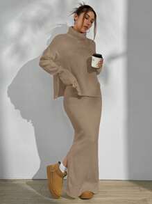 Flirla Set da 2 pezzi di maglione casual in maglia a collo alto con maniche lunghe e gonna midi con orlo spaccato