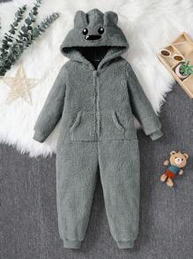 Young Boy Khaki Solid Bear Graphic Romper - Grey - View 6