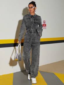 SHEIN ICON Women's Autumn Casual Zip Up Waist Fitted Denim Jumpsuit, For Outdoor & Daily Wear