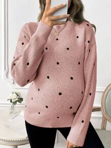 SHEIN 孕妇休闲圆点图案蝙蝠袖宽松套头衫，适合冬季 - 藕粉色 - 查看 1