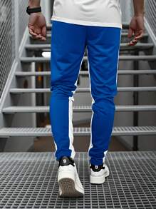 Manfinity Homme 男士休闲运动风格字母印花拼色抽绳腰部修身运动裤 - 寶藍色 - 查看 2