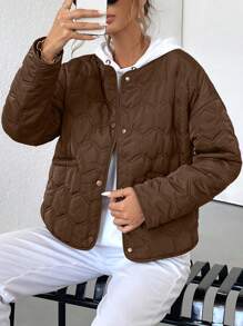 GENKIRA Fashionable Casual Geometric Pattern Round Neck PocketPadded Insulated Polyfill Synthetic Insulation Winter Coat Winter Jacket Jacket Fall Cloth For Women - Brown - View 5