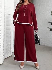 EMERY ROSE Plus Size Dames Zwarte Ronde Hals Lange Mouw Zijsplit Zoom Top En Wijde Pijpen Broek Herfst Sets