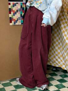 Claim Dot 男式宽松斜口袋阔腿灯芯绒裤，无腰带，秋冬适用 - 酒紅色 - 查看 3