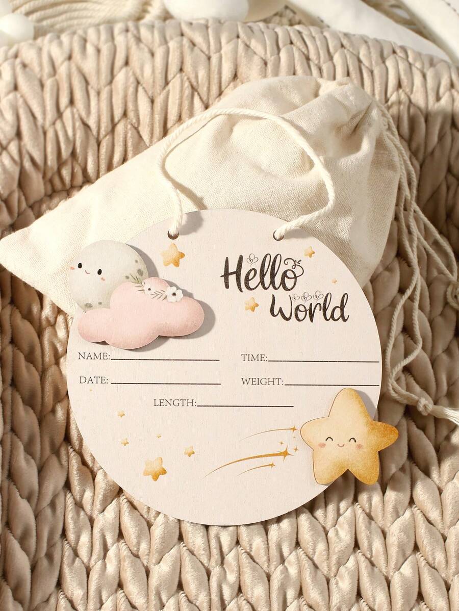 新生儿出生公告木制云牌，新生儿摄影道具，婴儿纪念礼物 - 彩色 - 查看 1