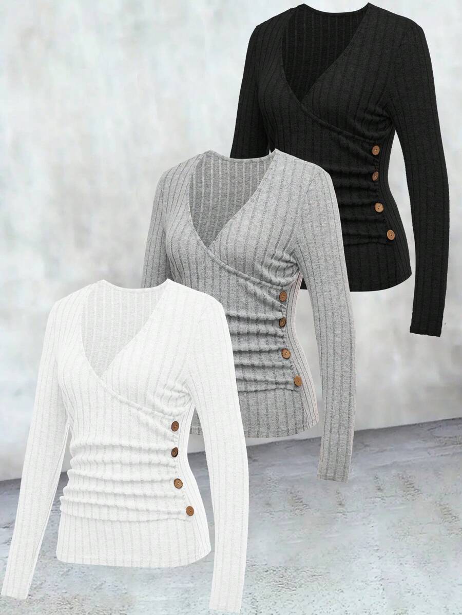 INAWLY Women's Solid V-Neck Long Sleeve Button Decor Simple Casual Top