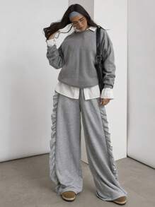 COSMINA Damen Lässig Hosen mit einfarbigem Rüschensaum, Alltagsmode