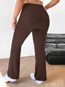 SHEIN EZwear 大码女式秋冬返校休闲家居服瑜伽舒适户外纯黑色针织松紧腰高腰口袋喇叭裤，带口袋的紧身裤 - 棕色 - 查看 3