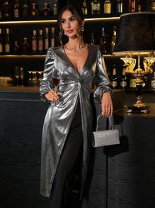 SHEIN Clasi 1 件深 V 领扭纹细节长衬衫，纯色，秋冬季，派对装 - 深灰色 - 查看 6