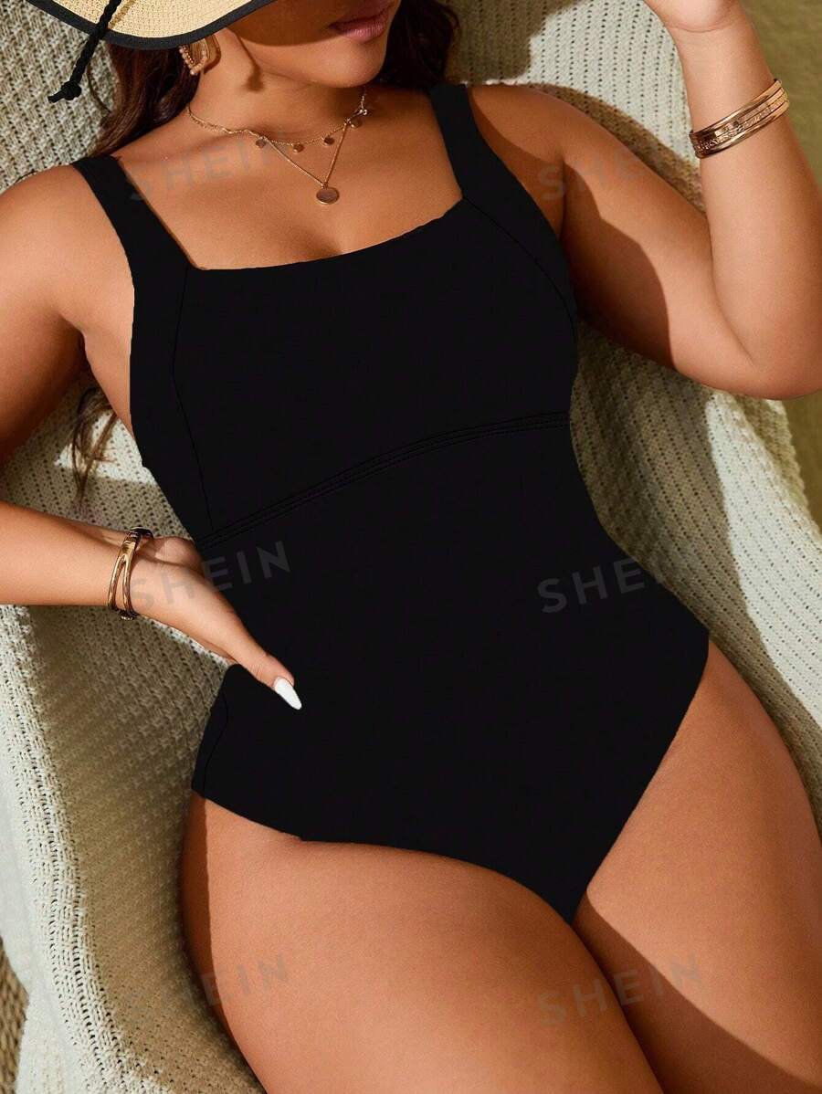 Swim Lushoire Traje de baño de una pieza de cuello cuadrado de unicolor en talla grande, adecuado para la playa y las vacaciones de verano