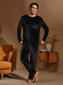 Ensemble de Top manches longues col rond et pantalon avec graphique lettrage pour homme, tenue de détente