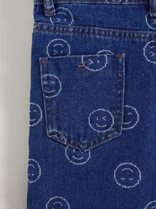 年轻女孩牛仔背带裤和连体裤，可爱笑脸设计，大口袋，宽松牛仔工装裤 - 藍色 - 查看 5