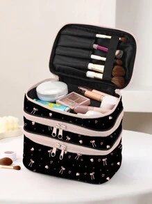 Trape Graphic Bolsa de cosméticos con patrón de rosa y moño estilo Kawaii de 3 capas, con forma cuadrada para maquillaje, ideal para vacaciones, Año Nuevo y Día de San Valentín