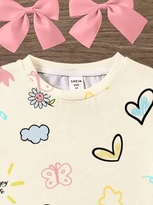 SHEIN Floral Print Casual Short Sleeve Round Neck T-Shirt For Tween Girls, Suitable For Summer