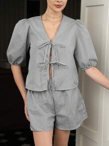 INAWLY 2 pièces/Set Top à manches bouffantes avec nœud devant et short décontracté pour femmes grande taille en tartan - Noir et Blanc - Voir 5