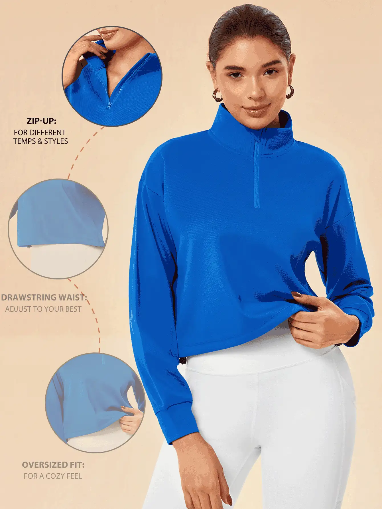Lifespree Women's Solid Color Zip Front Long Sleeve Minimalist Sweatshirt, Casual For Daily Wear